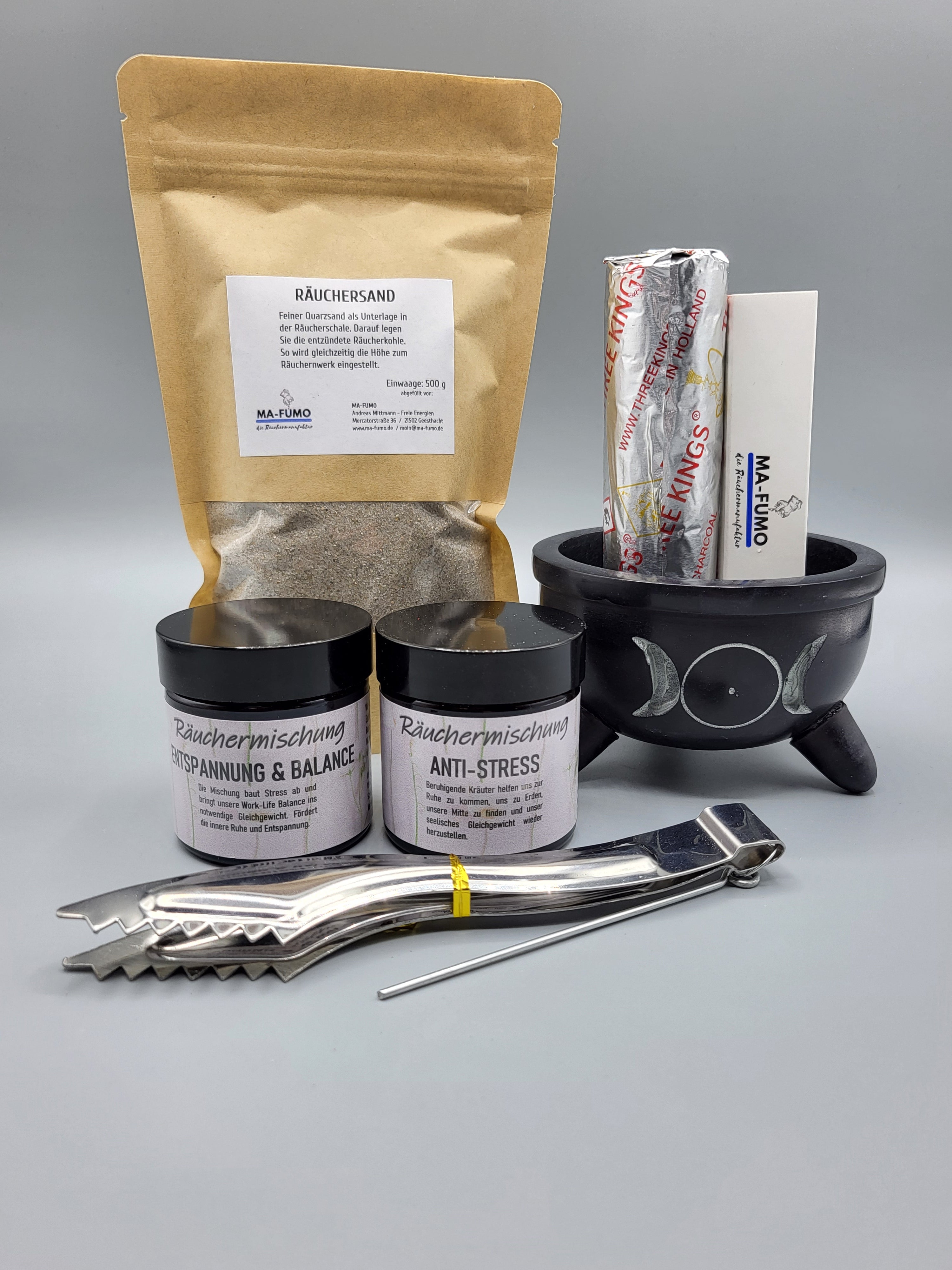Räuchermischung, Set, Räuchern, Anti-Stress, Geistige Klarheit, Räuchersand, Räucherzange, Räucherkohle, Streichhölzer, Zündhölzer, Räucherschale, Einsteiger-Set, Räuchermanufaktur