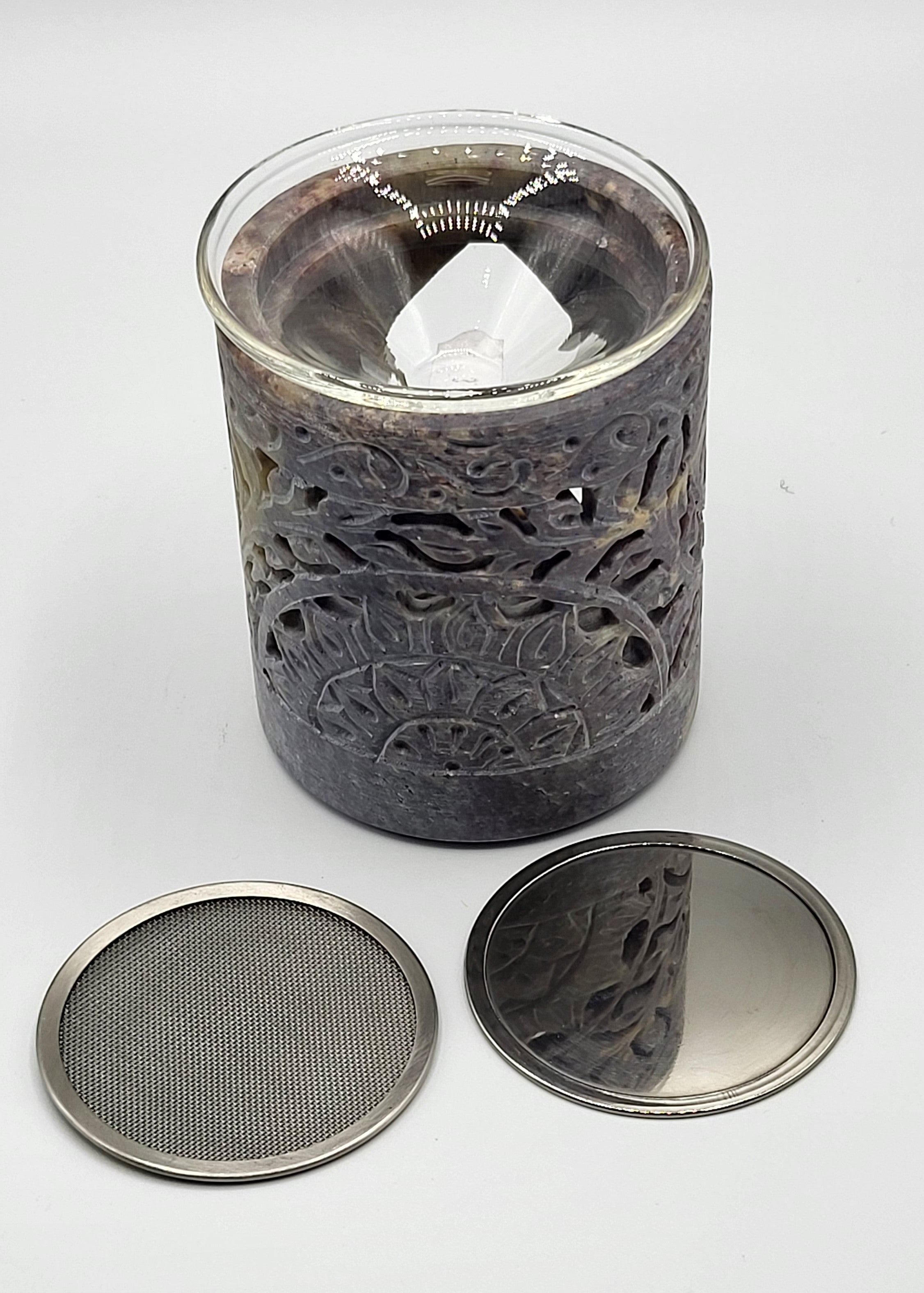 Speckstein Räuchergefäß in rosé, 8cm, mit Sieb, Scheibe und Glas zum Dufträuchern, im Ma-Fumo Shop online zu bestellen