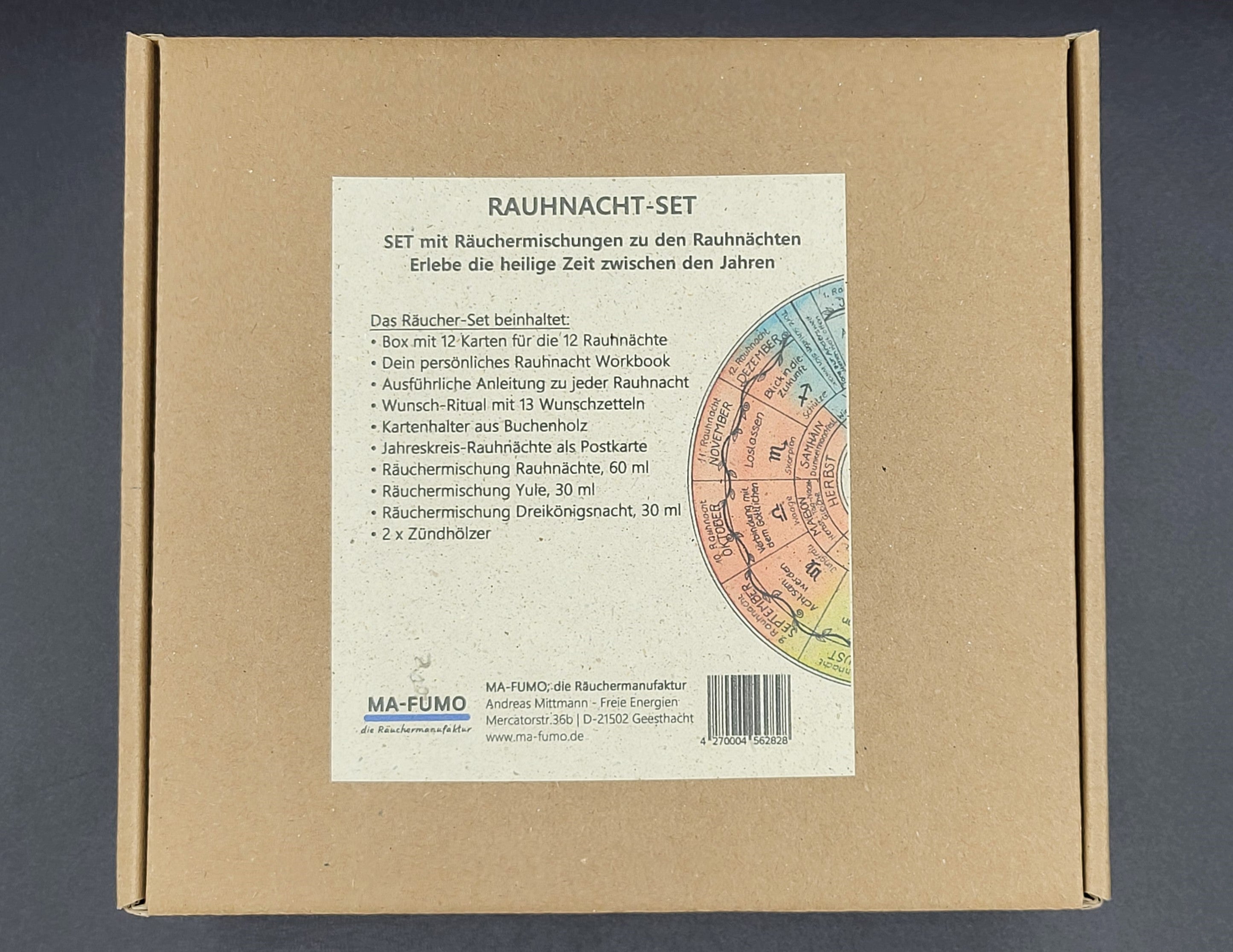 Rauhnacht-Set in Geschenkbox mit Räuchermischungen, Rauhnacht Box mit 12 Karten, Jahreskreis Rauhnächte sowie Ma-Fumo Zündholzer - im Shop erhältlich, jetzt bestellen