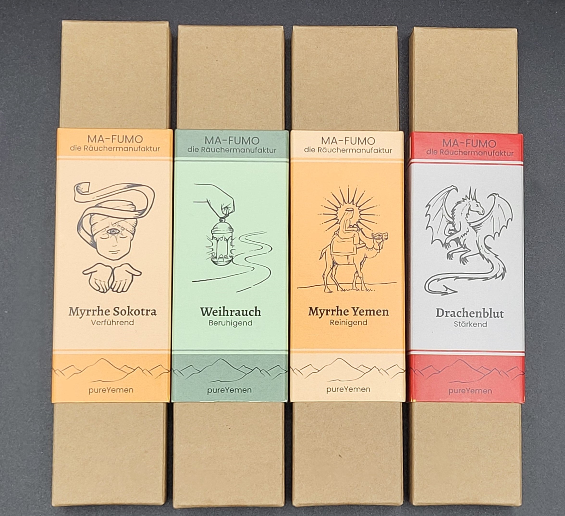 Bundle der 4 Sorten der von Hand gerollten Räucherstäbchen aus dem Jemen. Ohne Zusätze, ohne Chemie und zu 100% aus natürlichen Rohstoffen