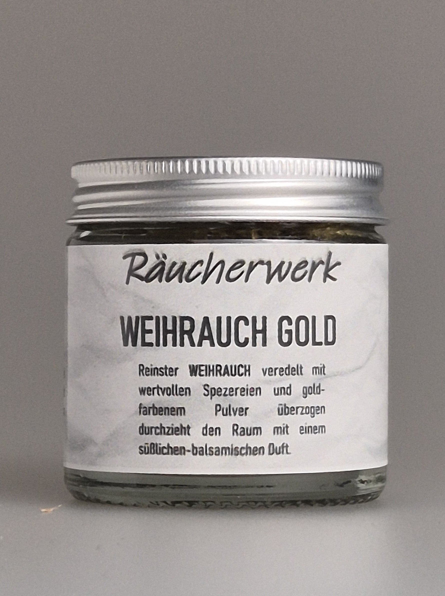 Räucherwerk, Weihrauch Gold, reiner Weihrauch veredelt mit wertvollen Spezereien, goldfarbenen Pulver, süßlich balsamischer Duft, Räuchermischungen, Räuchermanufaktur