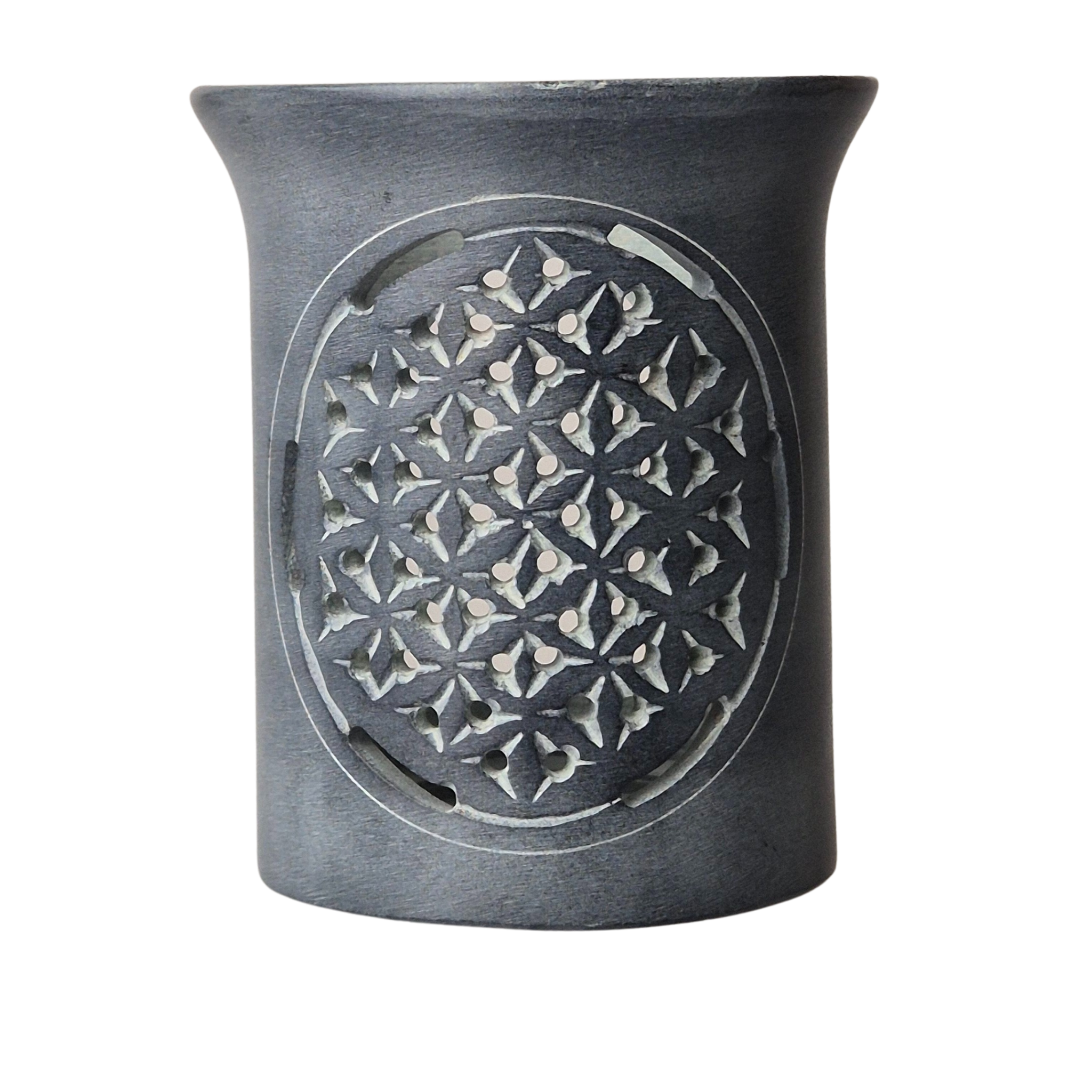 Speckstein Räuchergefäß, 6 cm Sieb, Farbe grau, Motiv Blume des Lebens, im Mafumo Shop online zu bestellen
