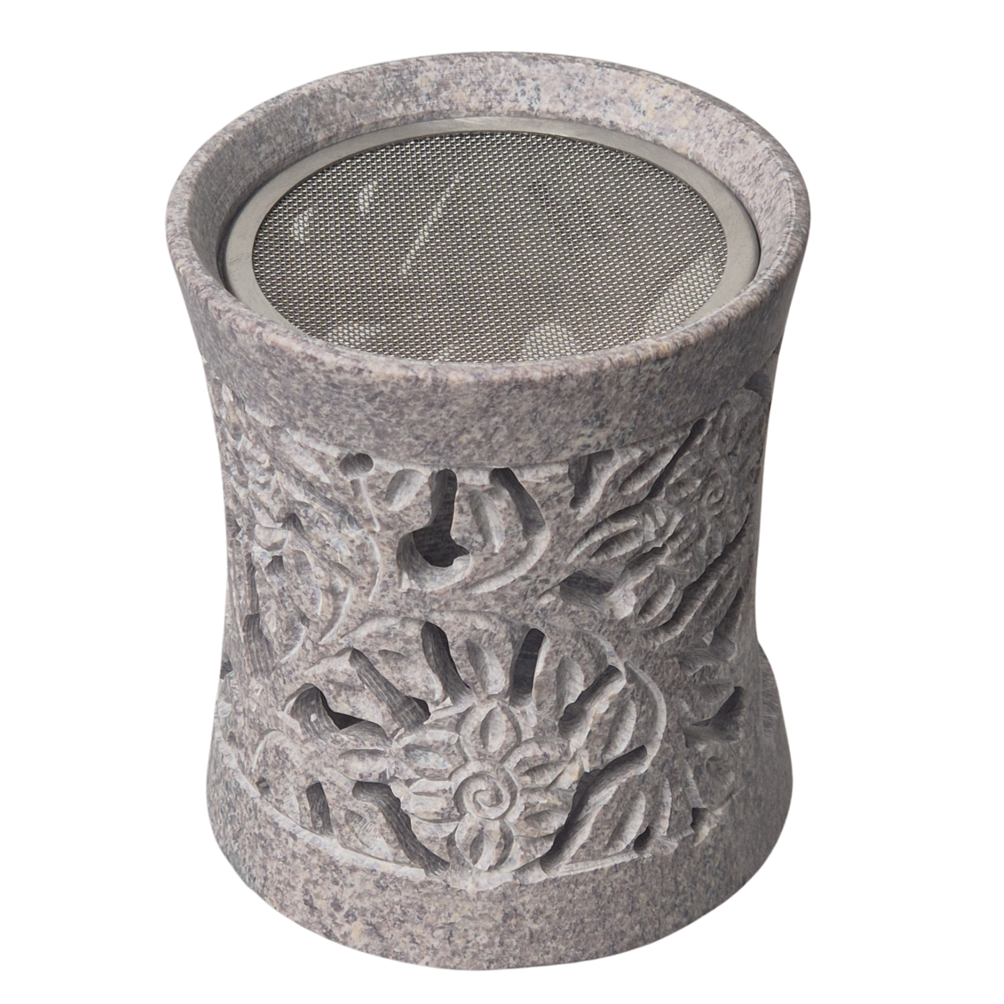 Speckstein Räuchergefäß, 6 cm Sieb, Farbe grau, Motiv Blume, im Mafumo Shop online zu bestellen
