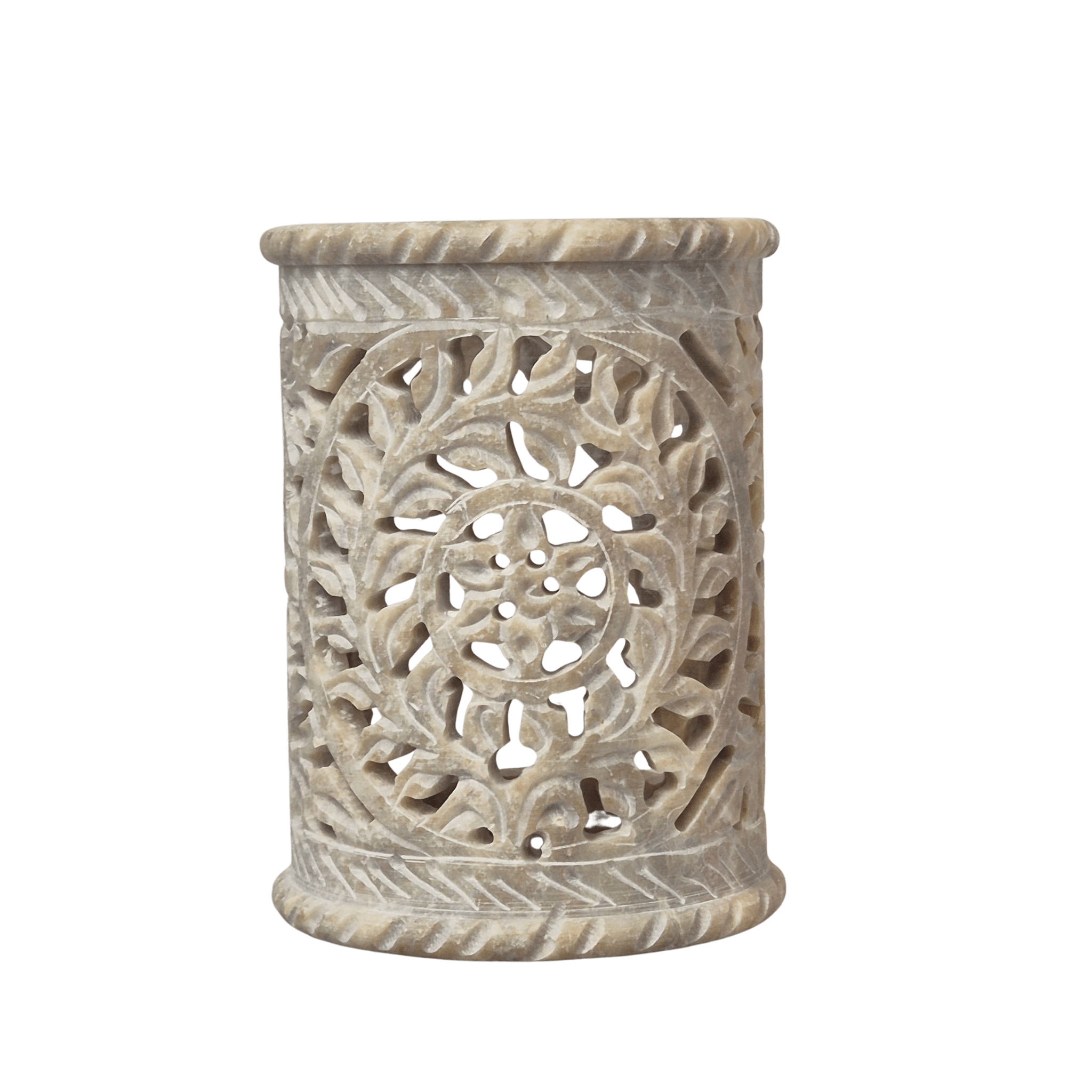 Räuchergefäß aus Speckstein mit fine carving – hellgrau, ca. 10 cm – MAFUMO Räuchermanufaktur