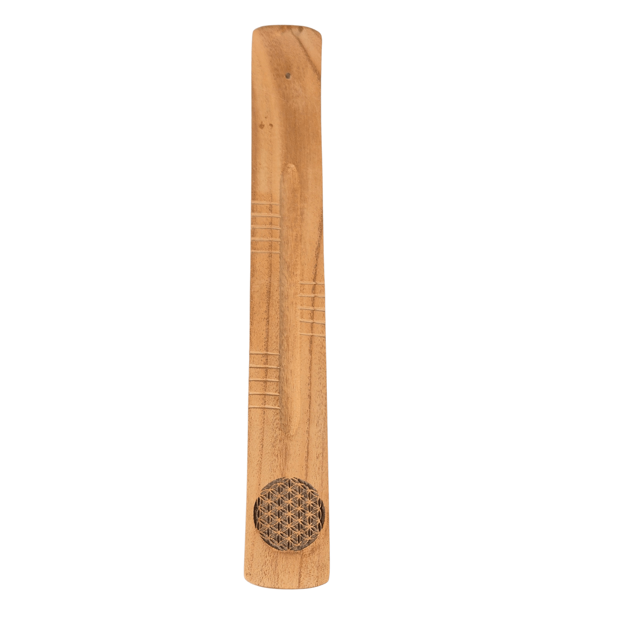 Räucherstäbchenhalter aus hellem Holz mit Blume des Lebens Muster. Länge ca. 28cm