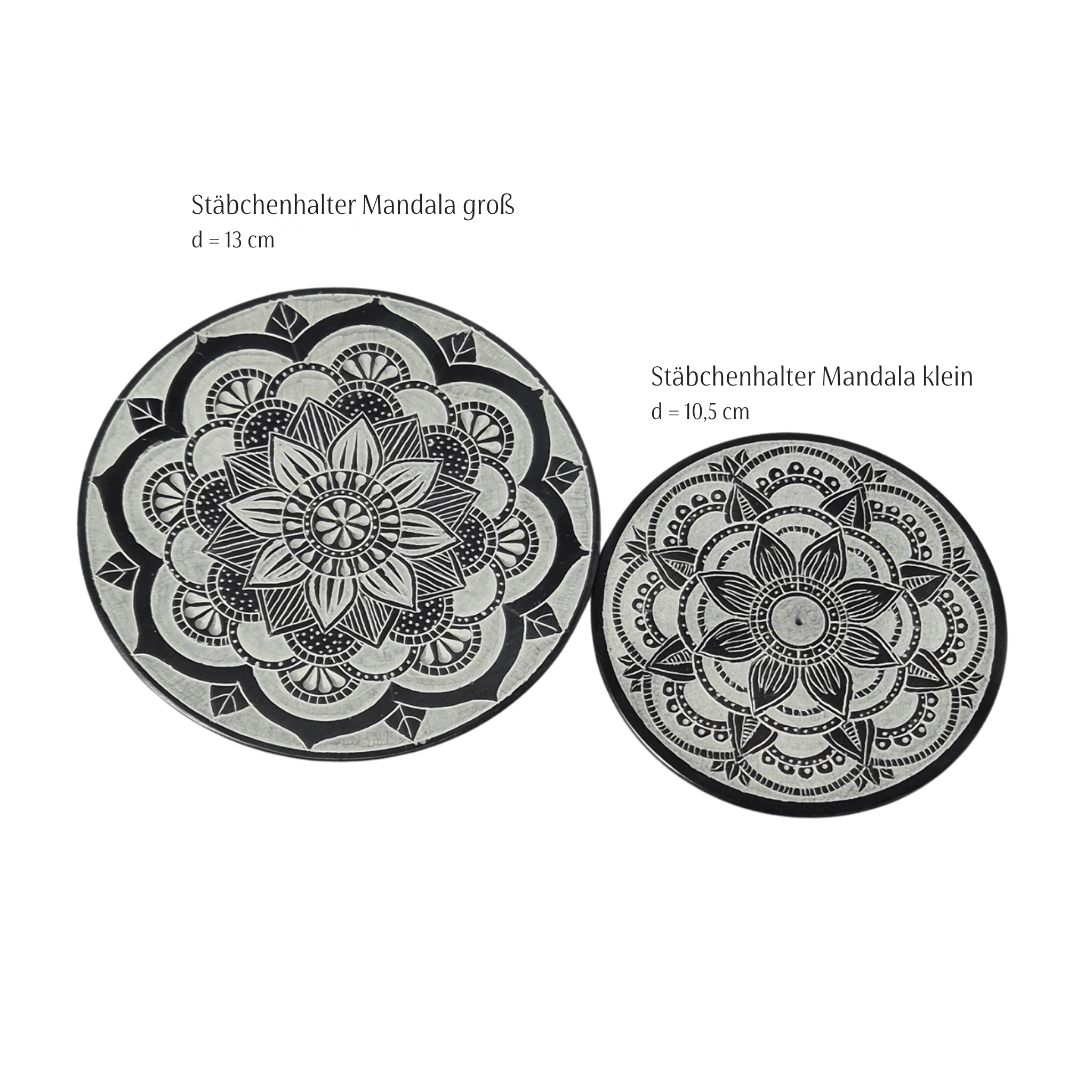 Stäbchenhalter Mandala groß (ø 13 cm) und klein (ø 10,5 cm) im Größenvergleich – MAFUMO