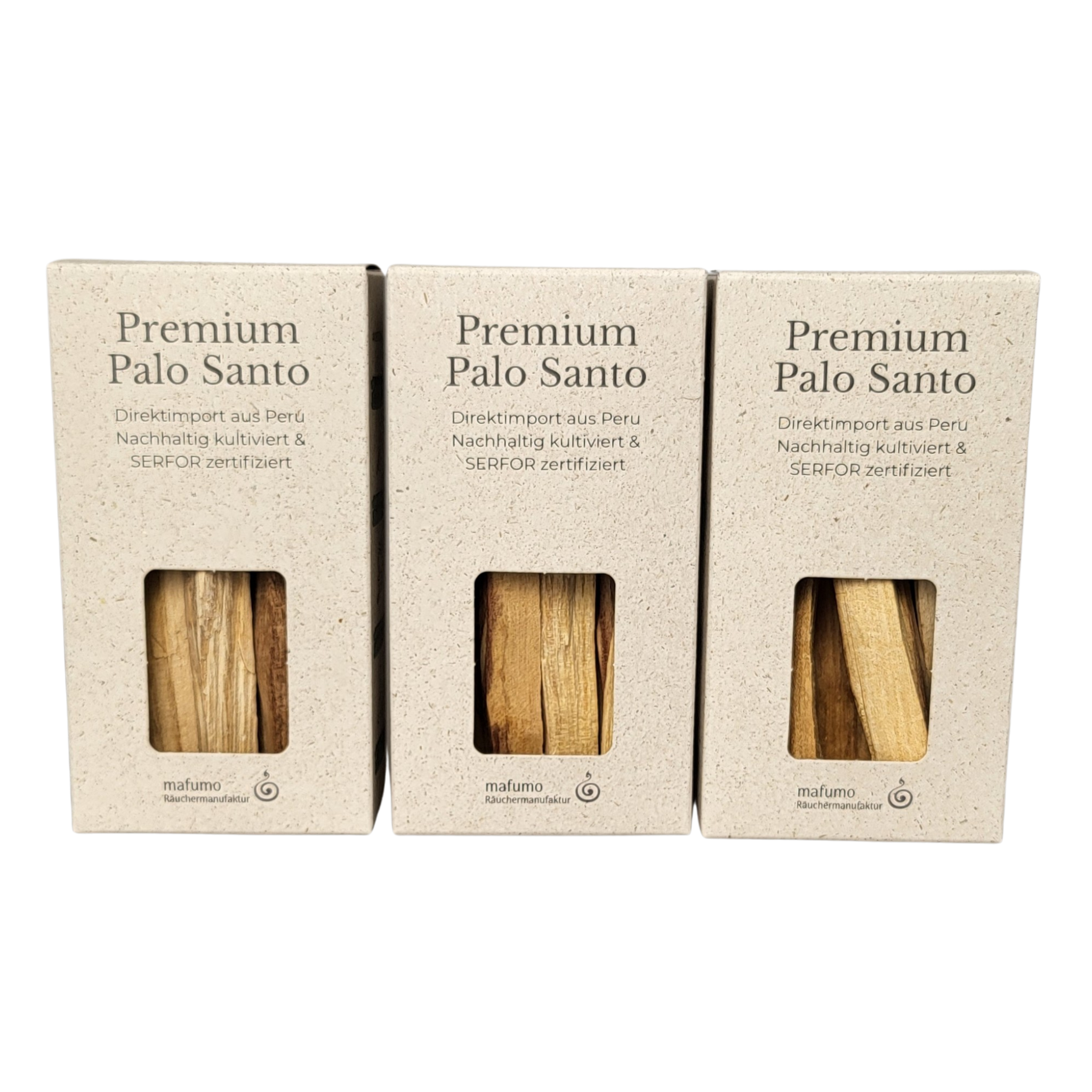Bild zeigt 3 Boxen vom Palo Santo im nachhaltigen Graspapier-Karton. Jede Box enthält mind. 7 Sticks / mind. 60g