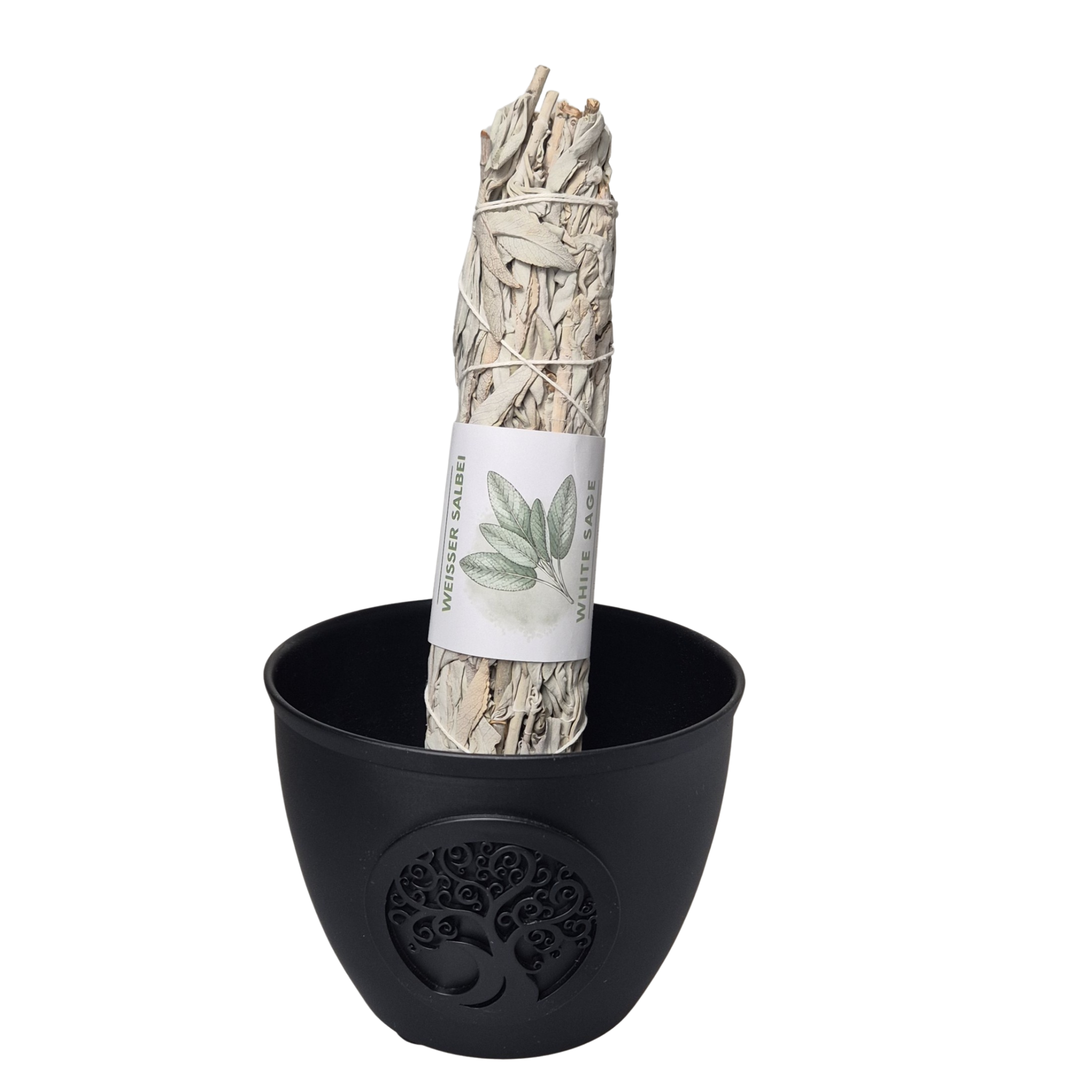 Smudge Weißer Salbei, Räucherbündel groß, 23cm lang - stehend in Smudge- Bowl. Der Weiße Salbei (White Sage) stammt aus Mexico und den USA. Kontrollierte Einfuhr.