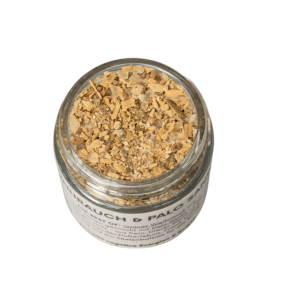 Räuchermischung Weihrauch Oman & Palo Santo - im geöffneten Glastiegel - von MAFUMO