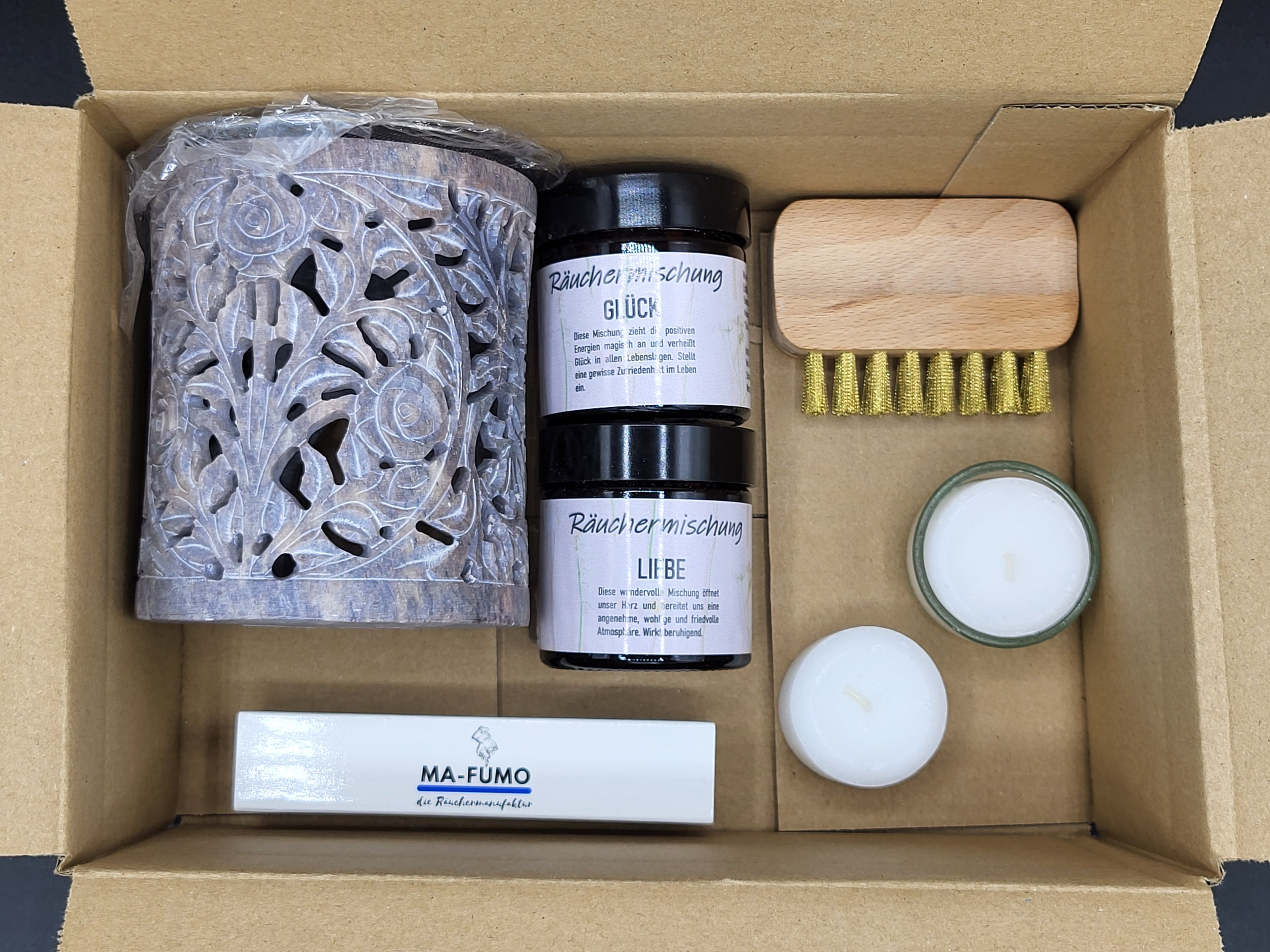 Räuchermischung Set, Liebe, Glück, Streichhölzer, Zündhölzer, Räucherschale, Einsteiger-Set, Räuchermanufaktur, Siebträgergefäß, Räuchern auf Sieb, Räuchern ohne Kohle, Teelichter, Bürste