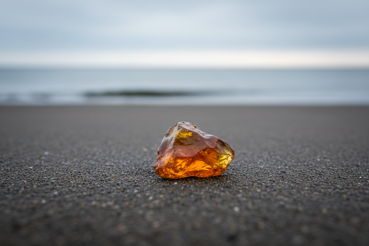 Bernstein (Succinit) – Das Gold der Ostsee – Ein einzelnes Bernsteinstück am Ostseestrand zum Räuchern