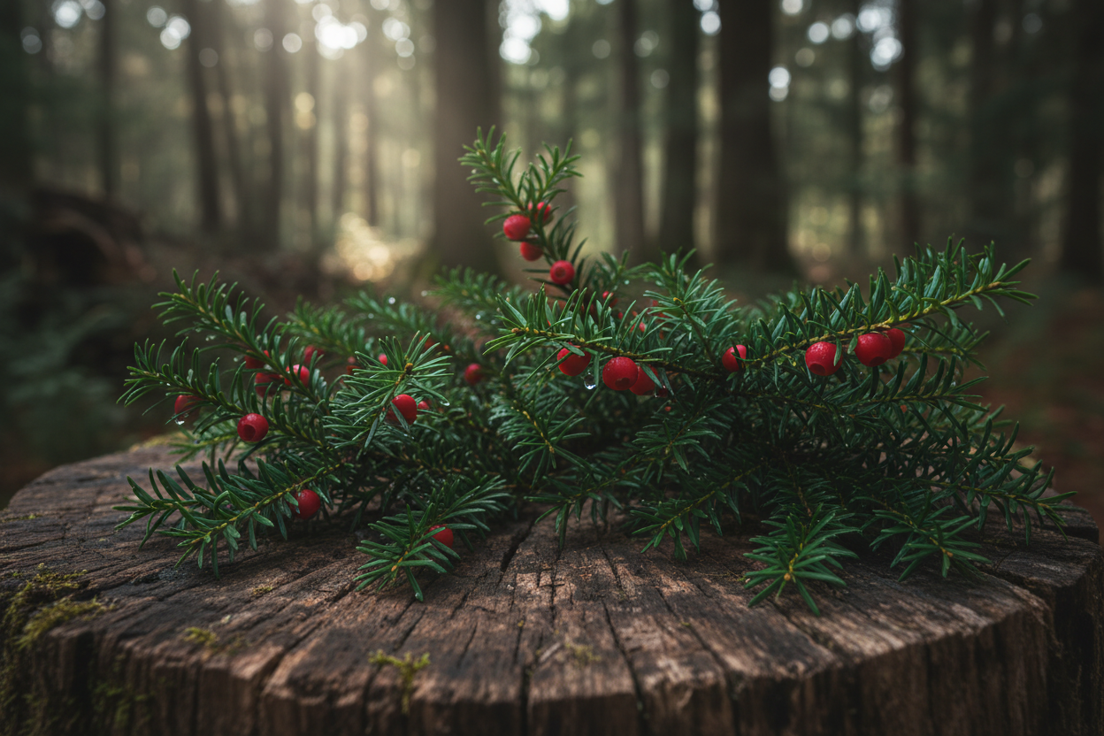 Eibennadeln und rote Beeren (Taxus baccata) – botanische Abbildung