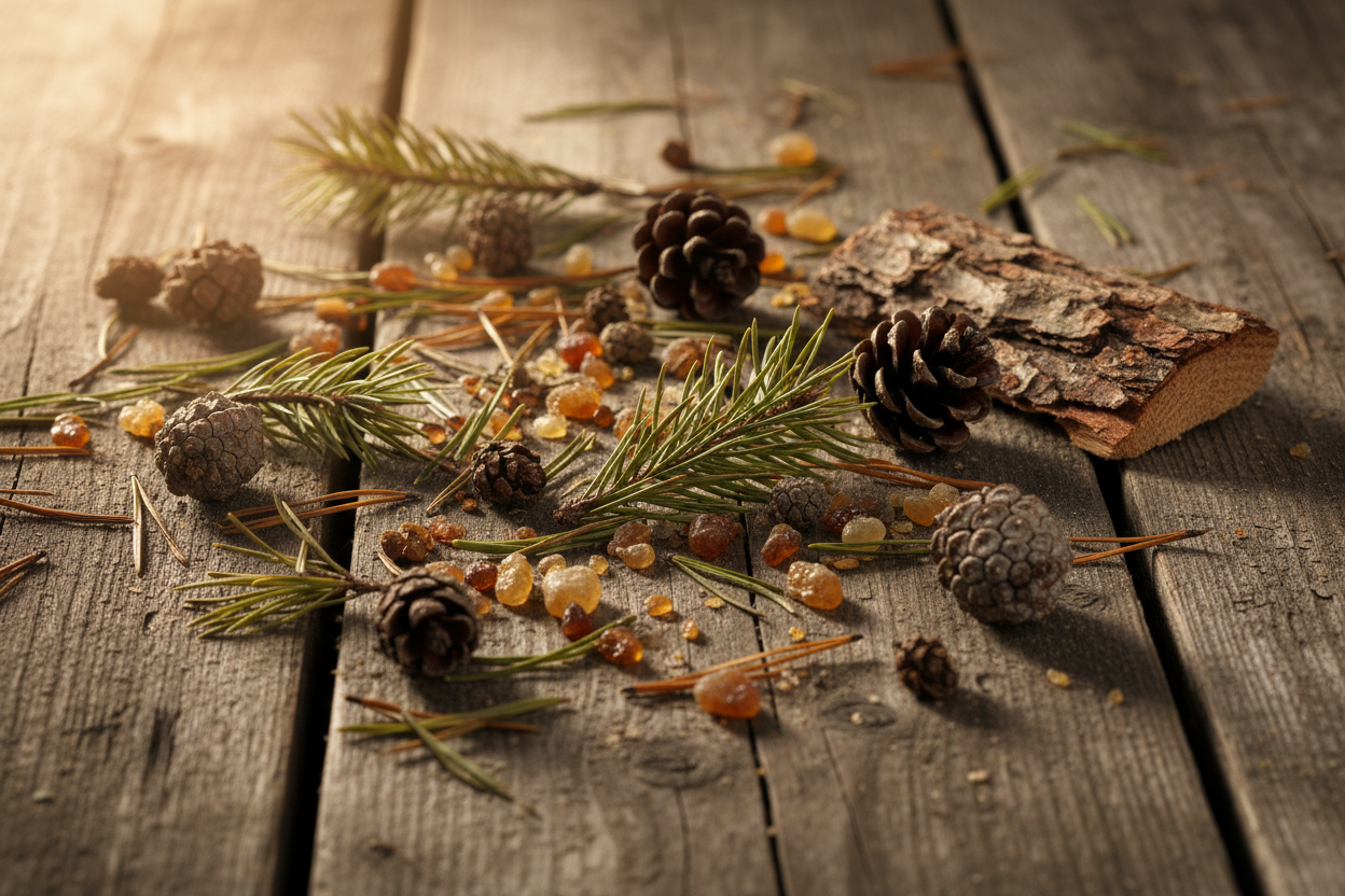 Fichtennadeln, Fichtenharz, Fichtenzapfen und Fichtenholz (Picea abies) zum Räuchern