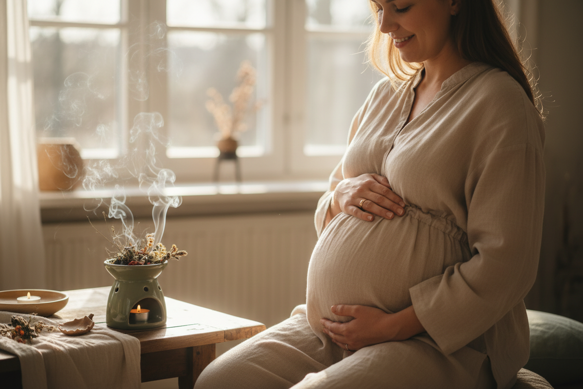 Lächelnde Schwangere, die ihren Bauch hält, im Hintergrund ein Stövchen mit räuchernder Kräutermischung — warme, erdige Atmosphäre.