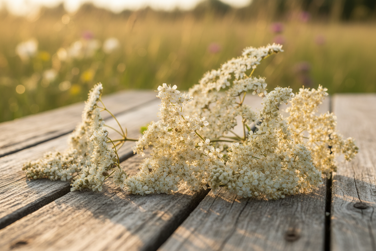 Getrocknete Mädesüß-Blüten (Filipendula ulmaria) zum Räuchern – die Urahn des Aspirins
