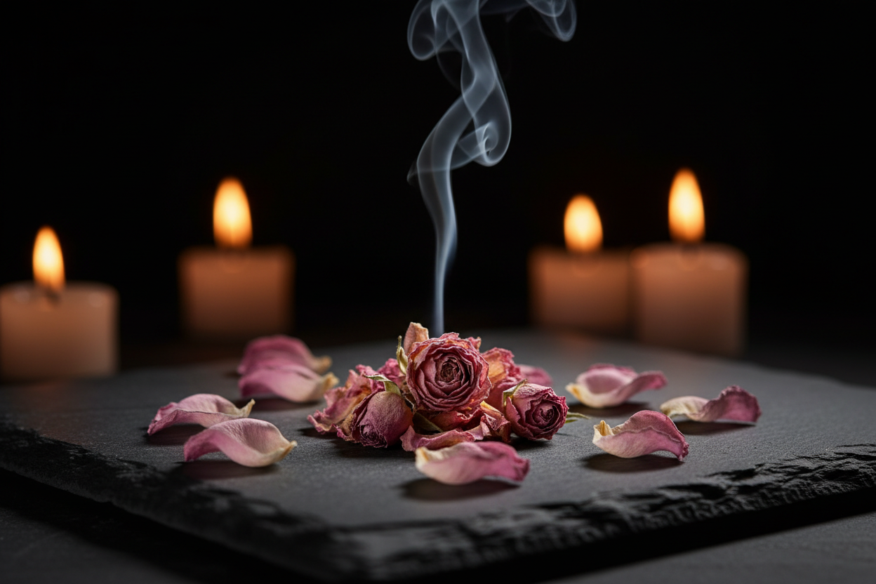 Getrocknete Rosenblüten (Rosa) zum Räuchern – minimalistisch esoterisches Stillleben