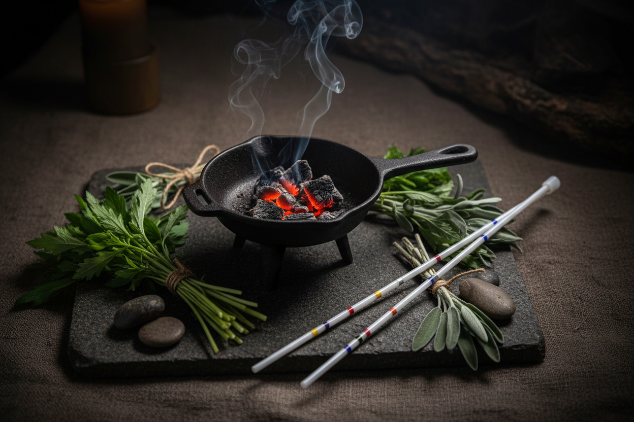 Wünschelrute und Räucherpfanne mit Beifuß und Salbei auf Kohle – traditionelles Räuchern mit Kräutern zur energetischen Hausreinigung