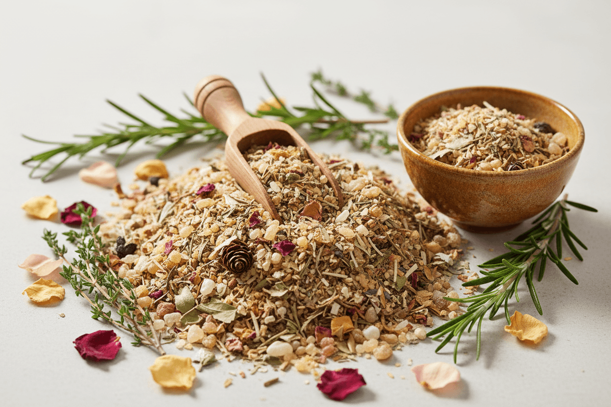 Natürliche Räuchermischung aus getrockneten Bio-Kräutern, Harzen und Hölzern mit Holzlöffel und Kräuterzweigen – handgemischte Räuchermischungen aus der MAFUMO Manufaktur