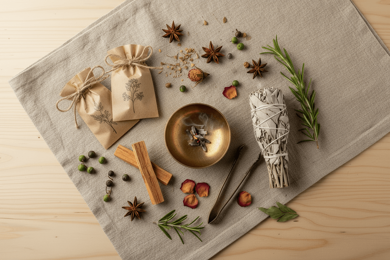 Räucher-Set mit Messing-Klangschale, Räuchermischungen in Kraftpapiertüten, Palo Santo, Weißem Salbei und getrockneten Kräutern – liebevoll zusammengestellte Räucher-Sets &amp; Bundles bei MAFUMO