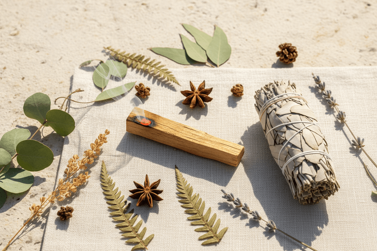 Palo Santo Holzstäbchen und Weißer Salbei Bündel auf natürlichem Untergrund – reinigende Räucherstoffe für Rituale, Klarheit und Wohlbefinden bei MAFUMO
