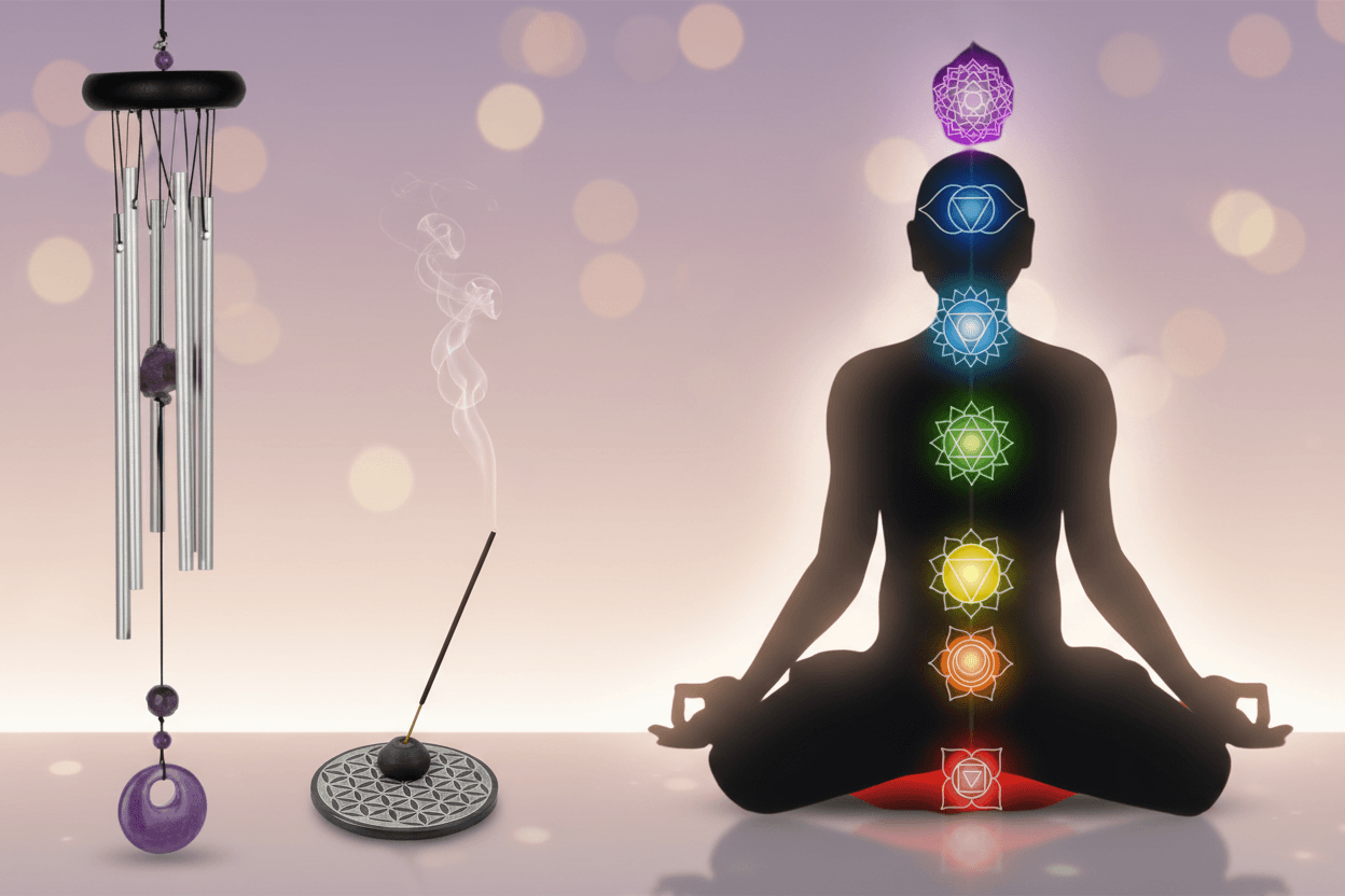 Amethyst Klangspiel (Chime) für Chakren und Meditation, brennendes Räucherstäbchen im Blume-des-Lebens-Halter, meditierende Person mit sieben Chakren