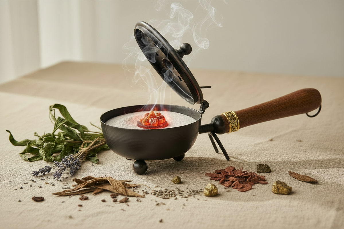 Räucherpfanne aus schwarzem Gusseisen mit Holzgriff und Klappdeckel, gefüllt mit Räuchersand, glimmender Kohletablette, Kräutern und Weihrauchkörnern – leichter Rauch steigt auf
