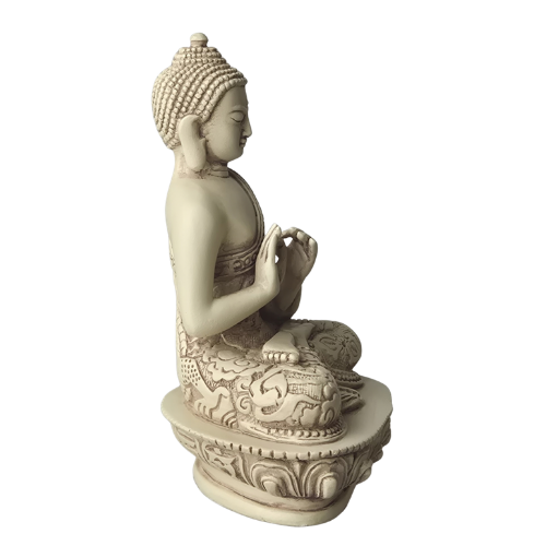 Elfenbeinweiße Buddha-Statue im Profil nach rechts mit Dharmachakra Mudra und freier Schulter.