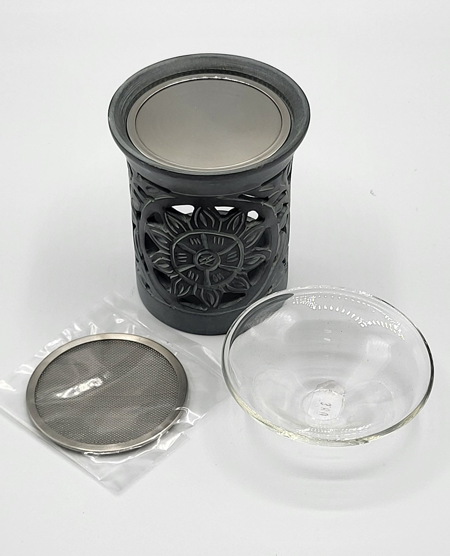 Speckstein Räuchergefäß in grau, 8cm, mit Sieb, Scheibe und Glas zum Dufträuchern,  im Ma-Fumo Shop online zu bestellen