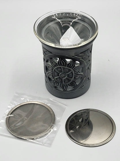 Speckstein Räuchergefäß in grau, 8cm, mit Sieb, Scheibe und Glas zum Dufträuchern,  im Ma-Fumo Shop online zu bestellen