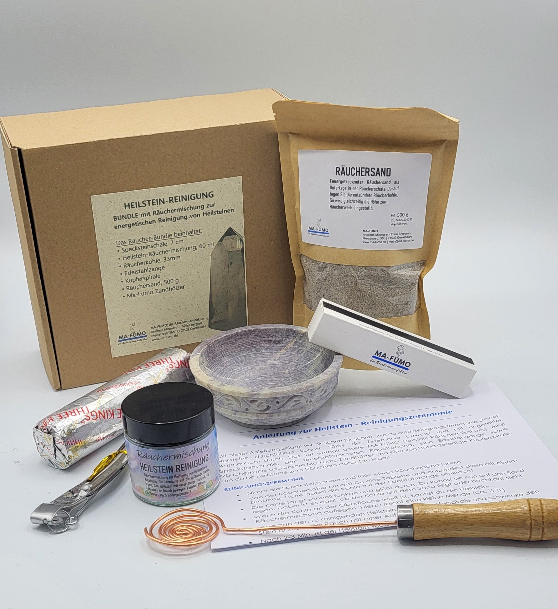 Unser komplettes Set / Bundle zur energetischen Reinigung von Heilsteinen. Im Shop von Ma-Fumo zu bestellen