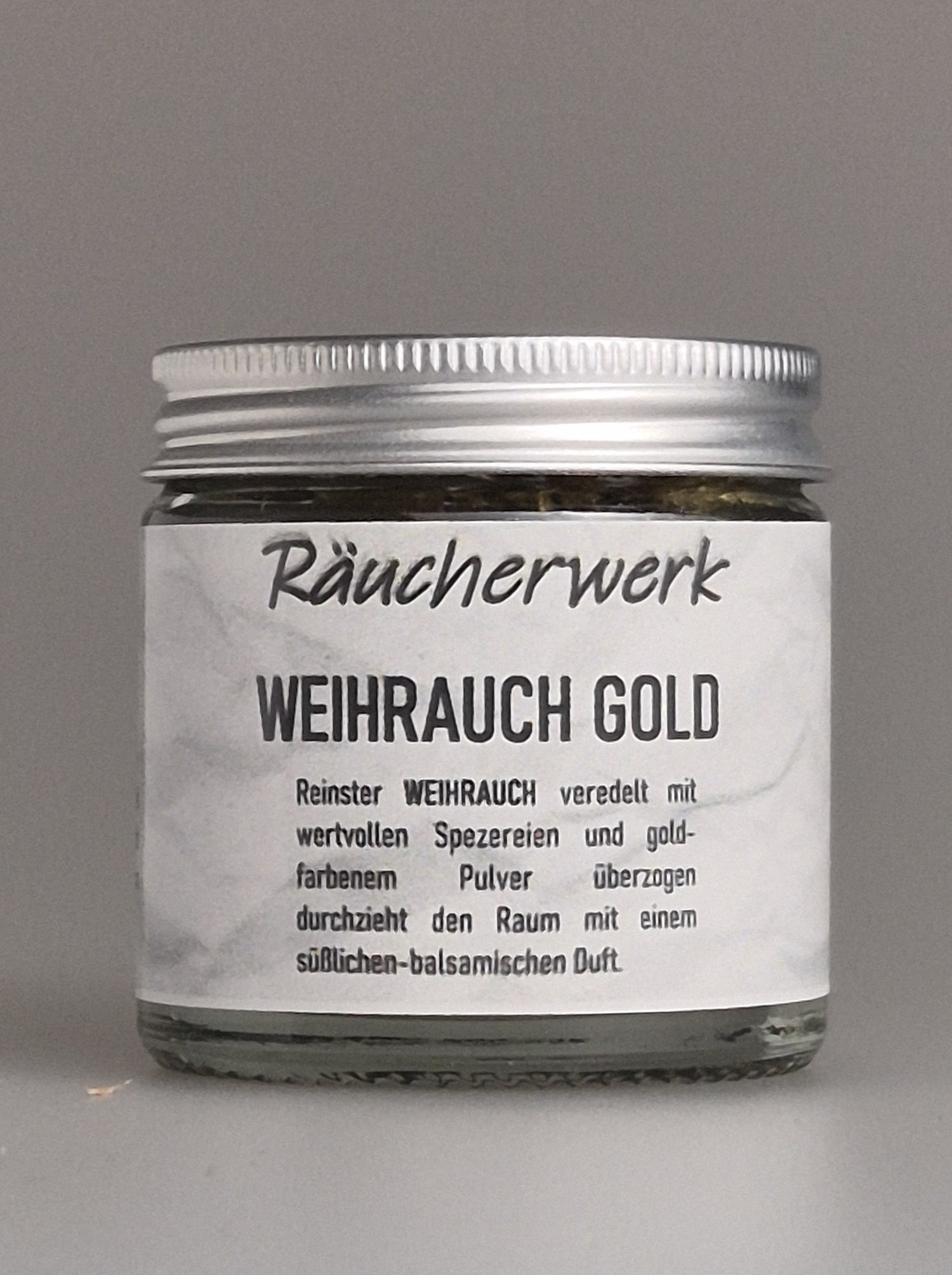 Räucherwerk, Weihrauch Gold, reiner Weihrauch veredelt mit wertvollen Spezereien, goldfarbenen Pulver, süßlich balsamischer Duft, Räuchermischungen, Räuchermanufaktur