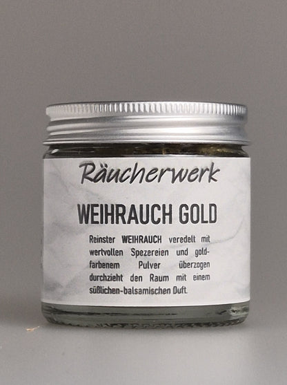 Räucherwerk, Weihrauch Gold, reiner Weihrauch veredelt mit wertvollen Spezereien, goldfarbenen Pulver, süßlich balsamischer Duft, Räuchermischungen, Räuchermanufaktur