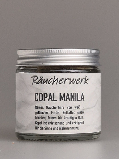 Copal Manila, Weihrauch, Räucherharz, weiß bis gelbliches Harz, krautiger Duft, erfrischend und reinigend, für die Sinne und Wahrnehmung, Räucherwerk, Räuchermanufaktur