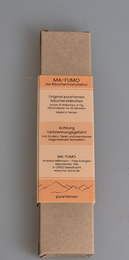 von Hand gerollte Räucherstäbchen aus dem Jemen.  Ohne Zusätze, ohne Chemie - 100% natürliche Rohstoffe. Zu bestellen im Ma-Fumo Shop.