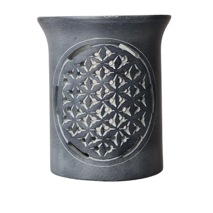 Speckstein Räuchergefäß, 6 cm Sieb, Farbe grau, Motiv Blume des Lebens, im Mafumo Shop online zu bestellen
