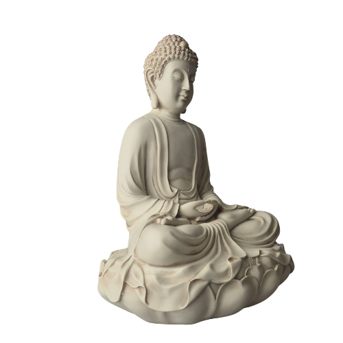 Elfenbeinweißer Amitabha-Buddha in Dhyana Mudra mit Händen im Schoß und gekreuzten Beinen auf Lotussockel, schräge Vorderansicht.