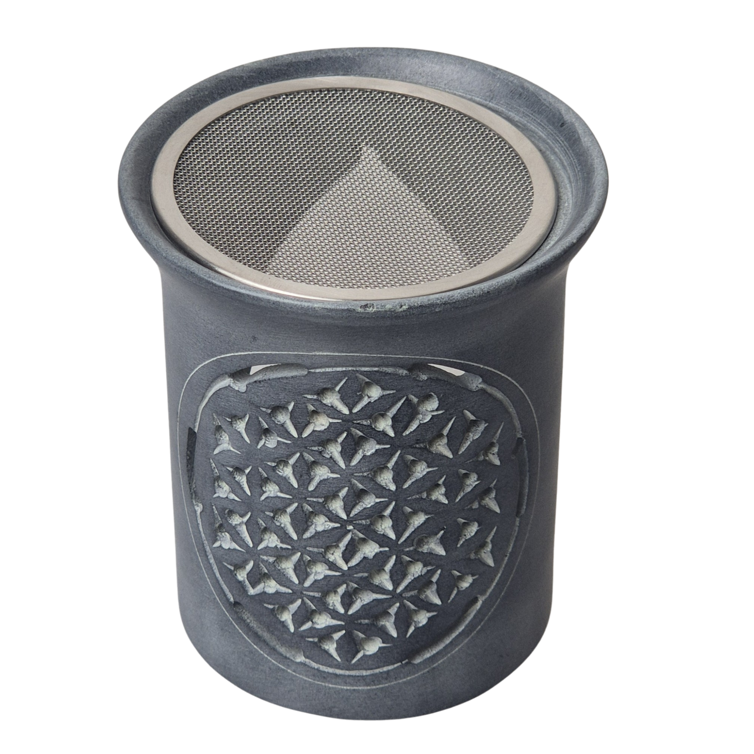 Speckstein Räuchergefäß, 6 cm Sieb, Farbe grau, Motiv Blume des Lebens, im Mafumo Shop online zu bestellen