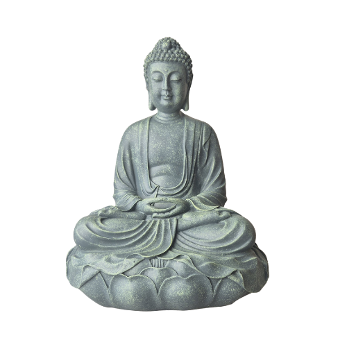 Grüne Buddha-Statue „Meditation“ mit Händen im Schoß in Dhyana Mudra und gekreuzten Beinen auf einem Lotussockel, Vorderansicht.