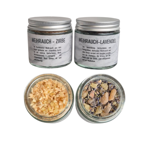 unser Set - Weihrauch Oman mit Zirbenspäne und Weihrauch Oman mit Lavendel - ein wahres Dufterlebnis, erhältlich im Set bei MAFUMO Räuchermanufaktur