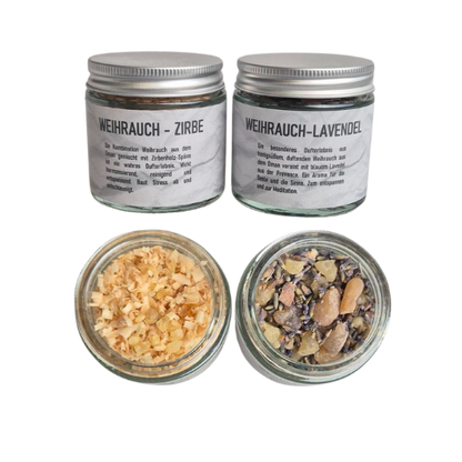 unser Set - Weihrauch Oman mit Zirbenspäne und Weihrauch Oman mit Lavendel - ein wahres Dufterlebnis, erhältlich im Set bei MAFUMO Räuchermanufaktur