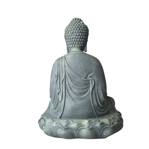 Rückansicht der grünen Buddha-Statue „Meditation“ mit gelocktem Haar, fließenden Gewandfalten und Lotussockel.