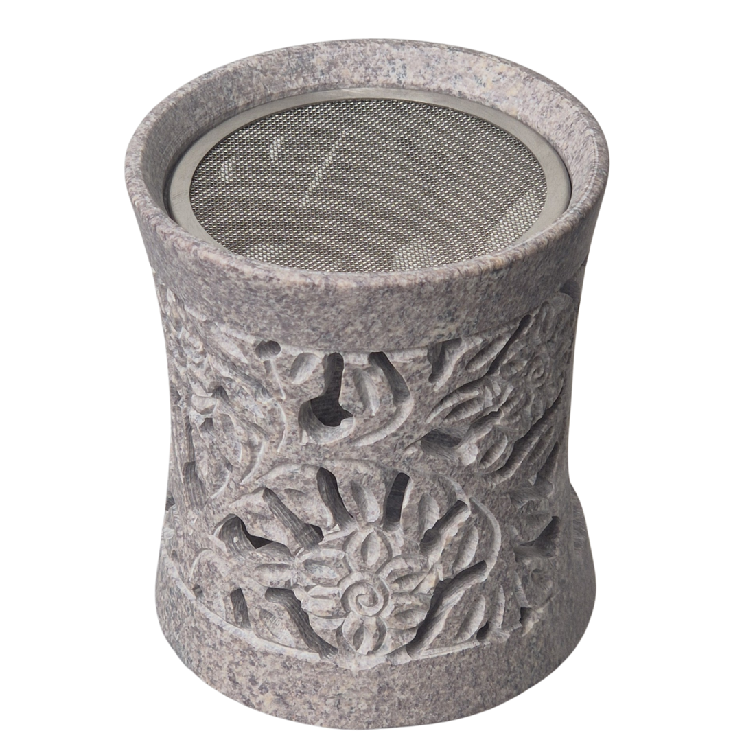 Speckstein Räuchergefäß, 6 cm Sieb, Farbe grau, Motiv Blume, im Mafumo Shop online zu bestellen