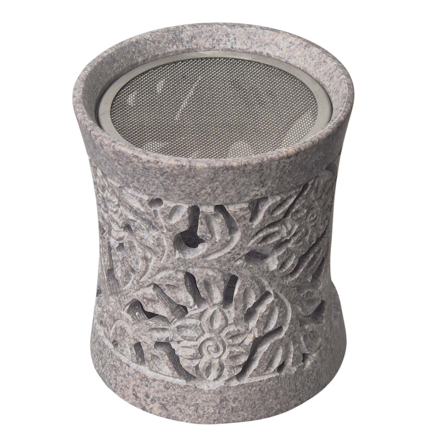 Speckstein Räuchergefäß, 6 cm Sieb, Farbe grau, Motiv Blume, im Mafumo Shop online zu bestellen