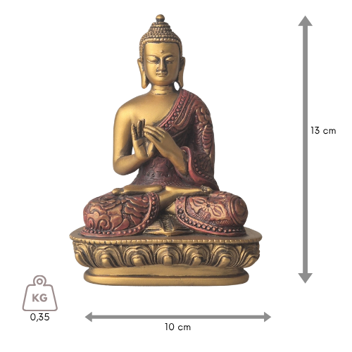 Buddha-Statue „Rad des Dharma“ in Rot und Gold mit Maßangaben: 13 cm hoch, 10 cm breit, Gewicht 350 g