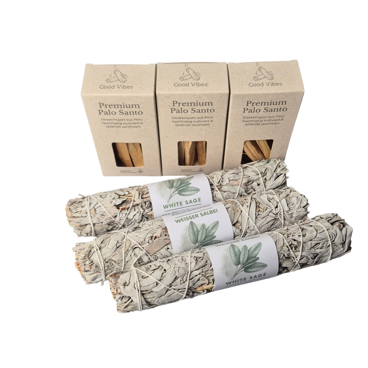 Bundle von 3x XXL White Sage Smudge und 3 Boxen vom Premium Palo Santo Holzsticks