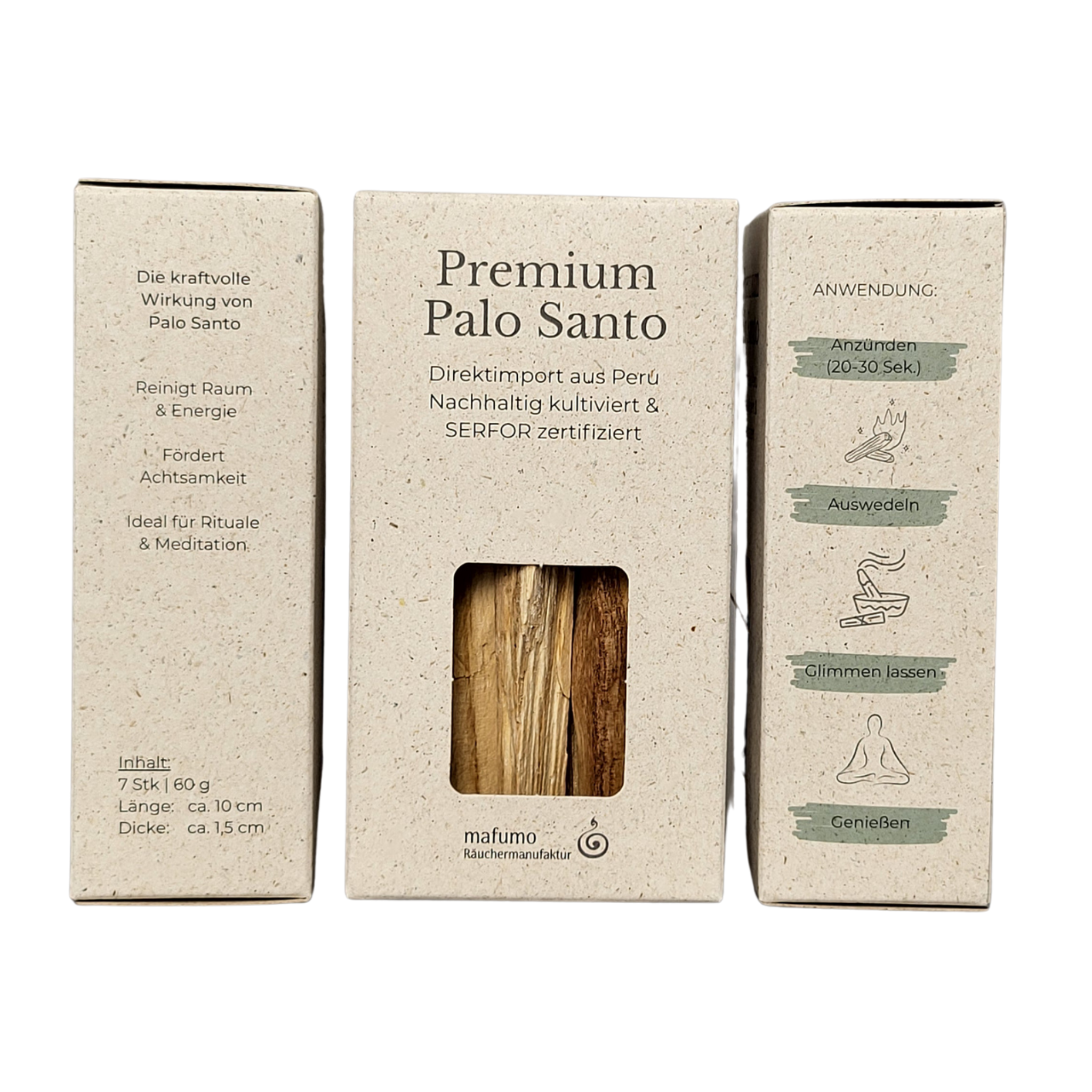 Verpackung von unserem Palo Santo hier alle drei Seiten zu sehen mit Anleitung zum entzünden und gebrauch sowie die Wirkund vom Heiligen Holz. Nachhaltige Graspapier-Box. Zertifiziertes Palo Santo Räucherholz, mind. 14 Sticks mit ca. 10 cm Länge