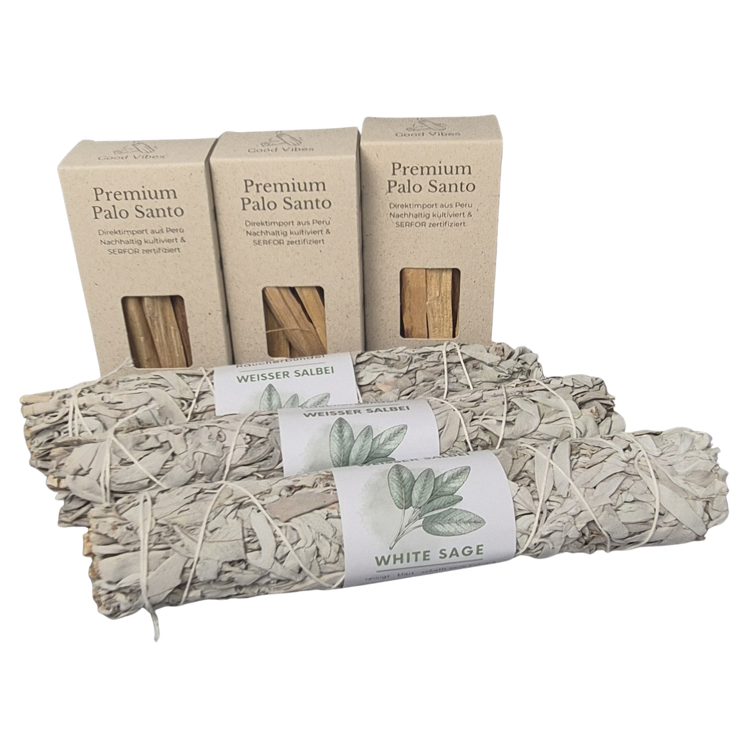 Bundle von 3x XXL White Sage Smudge und 3 Boxen vom Premium Palo Santo Holzsticks