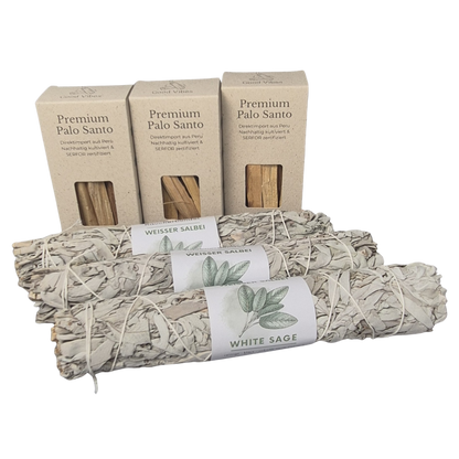 Bundle von 3x XXL White Sage Smudge und 3 Boxen vom Premium Palo Santo Holzsticks