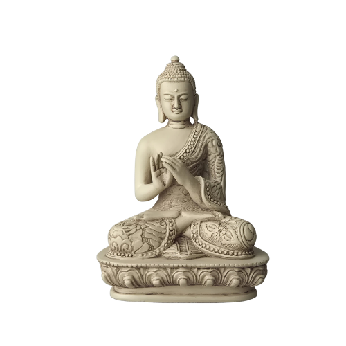 Elfenbeinweiße Buddha-Statue „Rad des Dharma“ mit Dharmachakra Mudra auf einem Lotussockel, Vorderansicht.