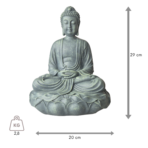 Grüne Buddha-Statue „Meditation“ auf einem Lotussockel, Vorderansicht mit Bemaßung zur Höhe von 29 cm.